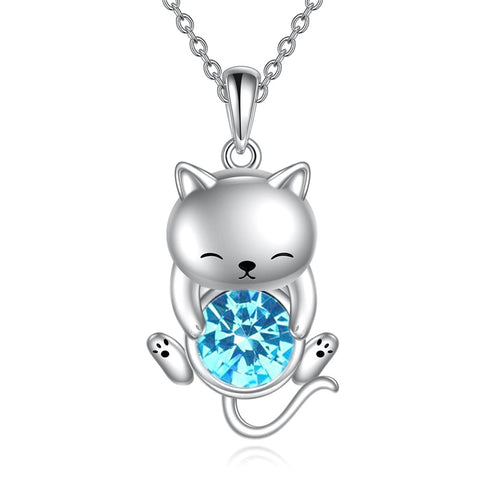 Silver Cat 12 Month Birthstone Pendant Necklace