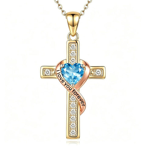 14K Gold Plated  Birthstone Cross Necklace Engraved I Love You Forever