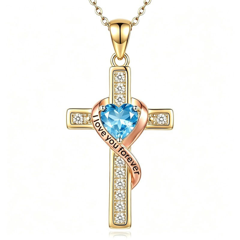 14K Gold Plated  Birthstone Cross Necklace Engraved I Love You Forever