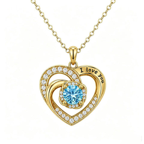 14K Gold Plated  Birthstone Heart Pendant  Necklace for Women Engraved with  I Love You