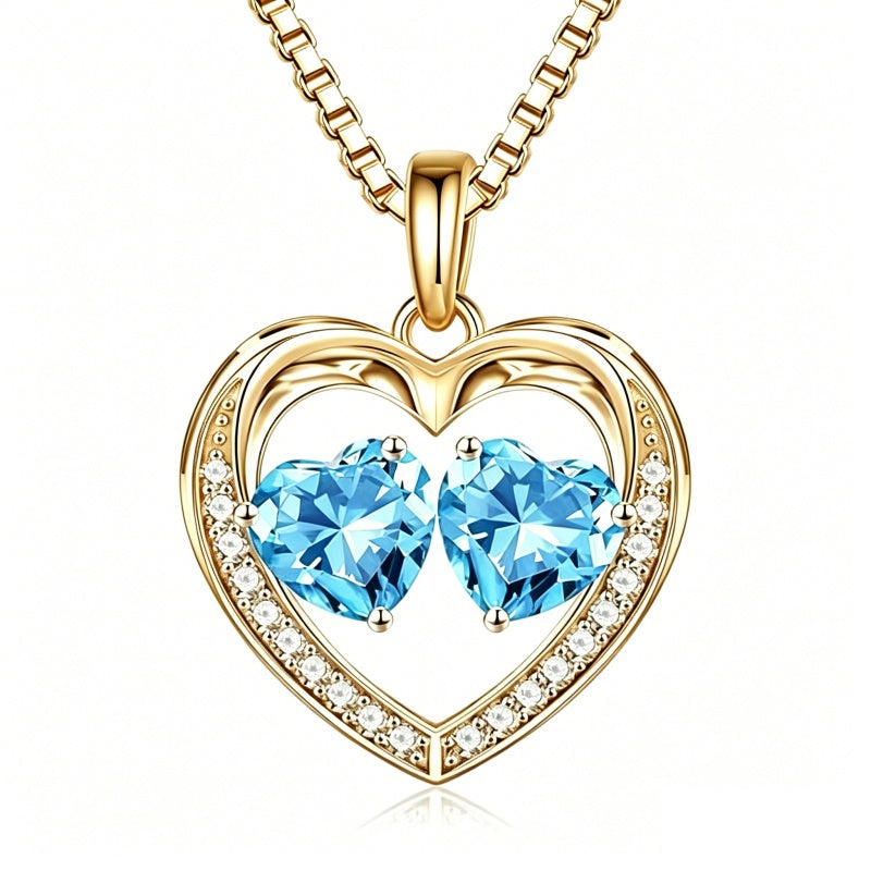 14K Gold Plated Double Heart Birthstone Necklace Anniversary Birthday Gifts for Women