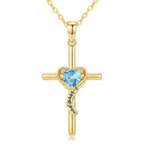 14K Gold Plated Dainty Heart Birthstone Pendant Cross Necklace for Women Religious Gift