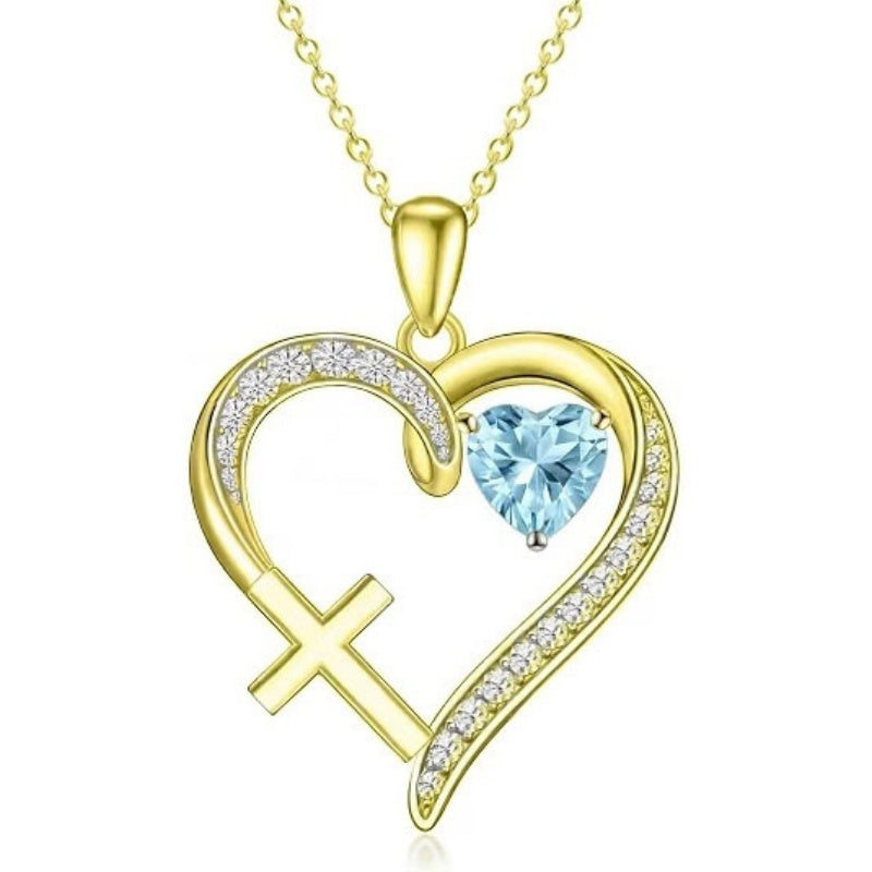 14K Gold  Plated 12 Months Birthstone  Heart Cross Pendant Necklace  for Women