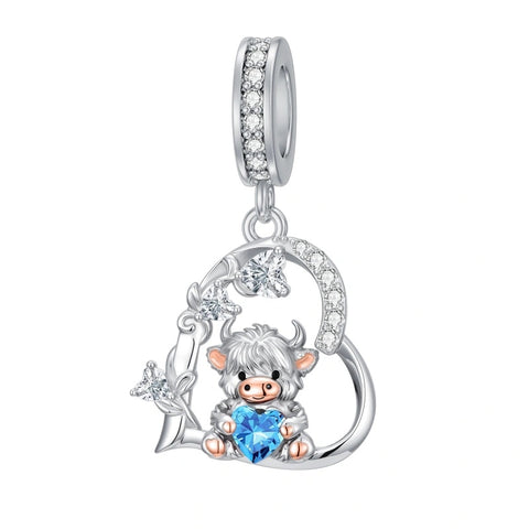 Sterling Silver 12 Month Birthstone Highland Cow Charm Beads