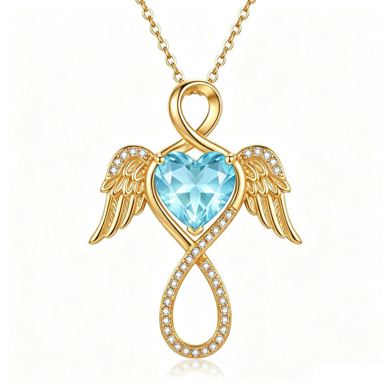 14K Gold Plated 12-Month Birthstone Infinity Angel Wings Pendant Necklace for Women