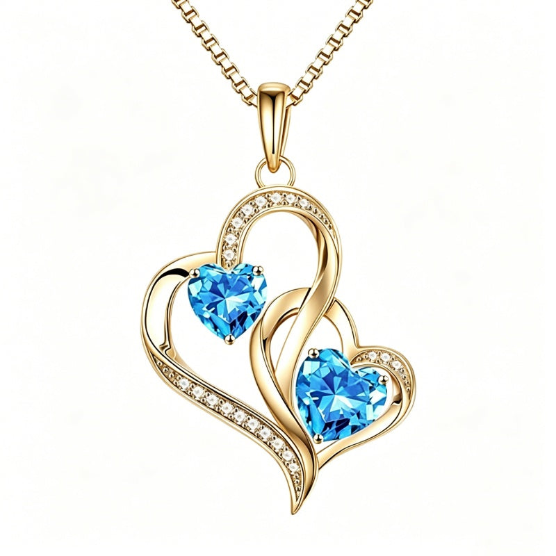 14K Gold Plated Double Heart Birthstone Necklace Anniversary Birthday Gifts