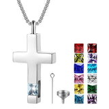 Stainless Steel Birthstones Cross Urn Necklaces for Ashes