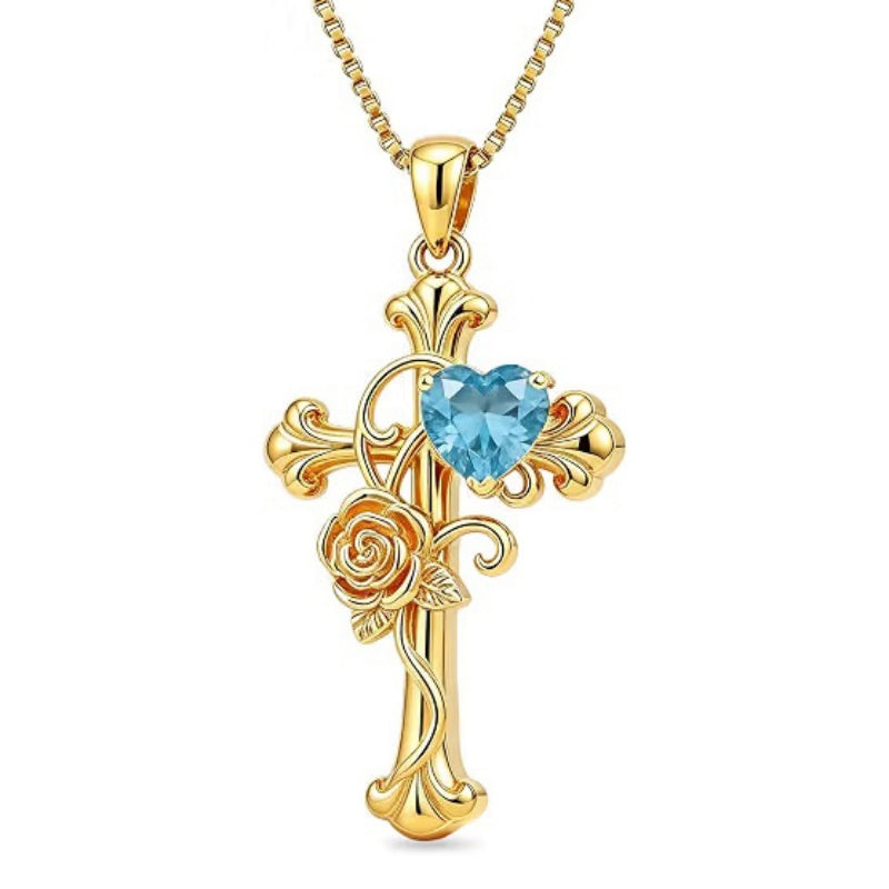 14K Gold Plated Heart Shape Birthstone Rose Flower Cross Necklace for Women  Religious Christian Jewelry