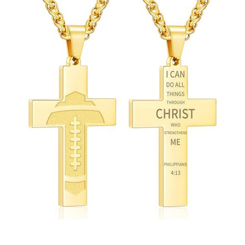 14K Gold Plated Bible Verse Football Cross Pendant Necklace