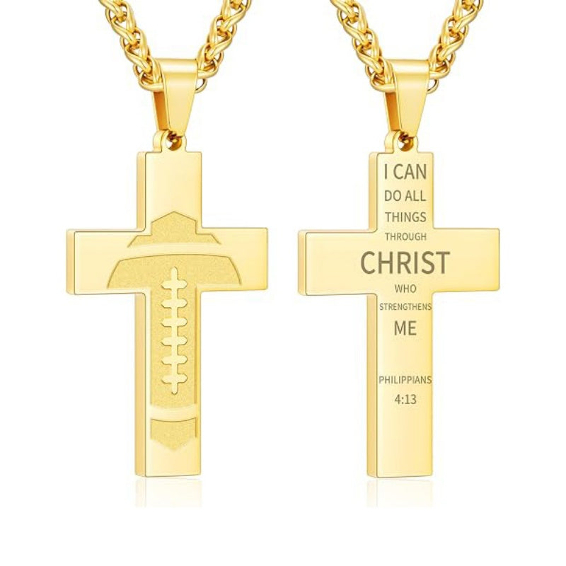 14K Gold Plated Bible Verse Football Cross Pendant Necklace