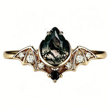Sterling Silver 10K 14K  18K Gold Personalized Engraved Moss Agate Gothic Promise Wedding Engagement Black Ring Set