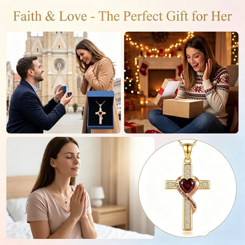 14K Gold Plated  Birthstone Cross Necklace Engraved I Love You Forever