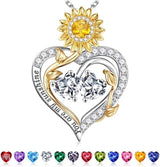 Sterling Silver Double Heart Birthstone Sunflower Necklace Engraved with You Are My Sunshine