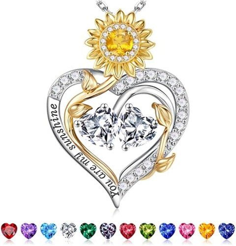 Sterling Silver Double Heart Birthstone Sunflower Necklace Engraved with You Are My Sunshine
