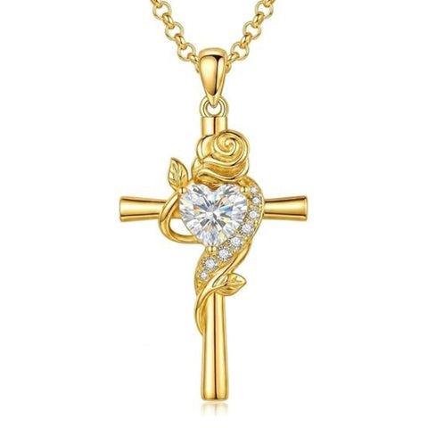 14K Gold Plated Birthstone Rose Cross Necklace for Women Faith Jewelry Gift