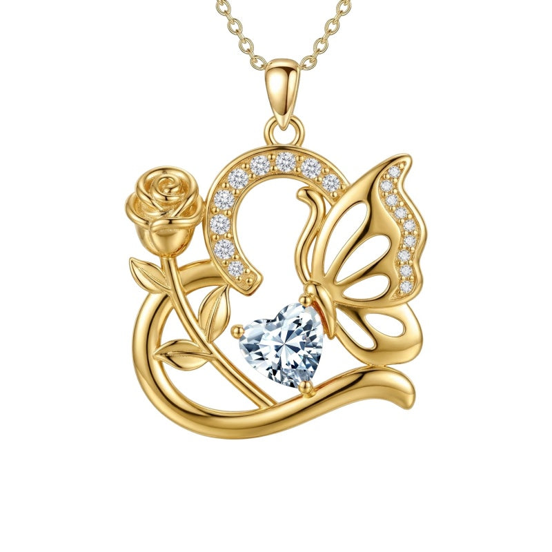 14K Gold Plated Heart Birthstone Rose Mom Butterfly Pendant Necklace for Women