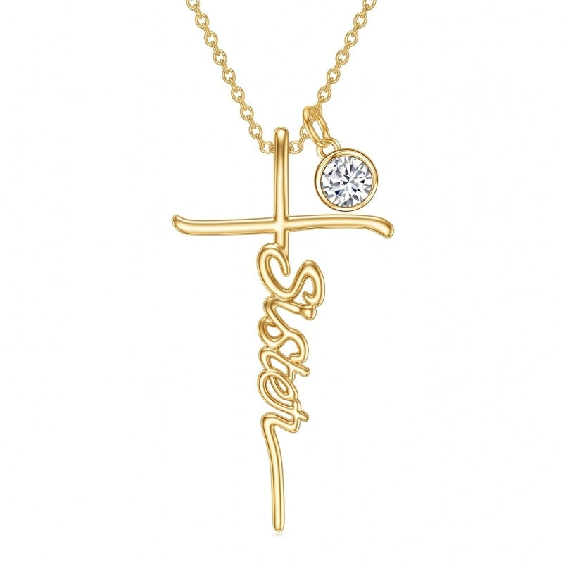 14K Gold Plated Birthstone Sister Cross  Pendant Necklace