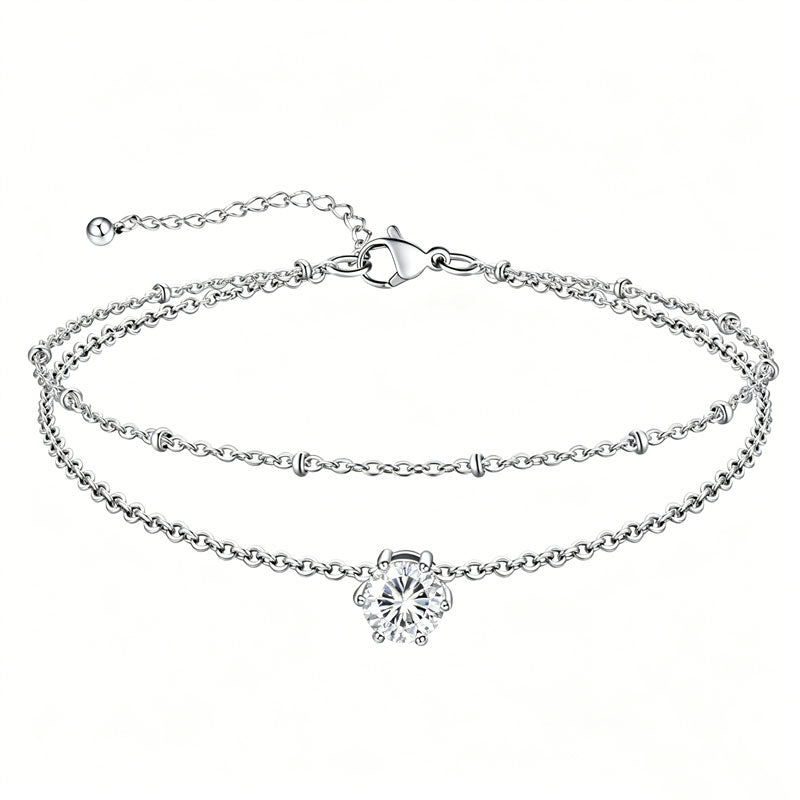 Sterling Silver  Round Birthstone Double Layer Charm Anklet