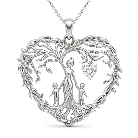 Sterling Silver Heart Pendant Birthstone Tree of Life Mother Child Family Necklace
