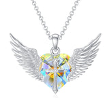 Sterling Silver Birthstone Angel Wings&Cross Pendant Necklace