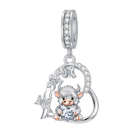 Sterling Silver 12 Month Birthstone Highland Cow Charm Beads