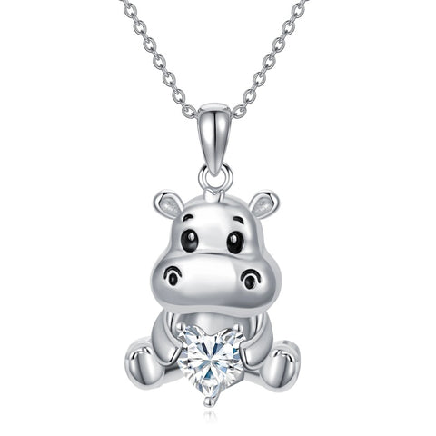 Sterling Silver Birthstone Hippo Pendant Necklace Birthday Christmas Gift