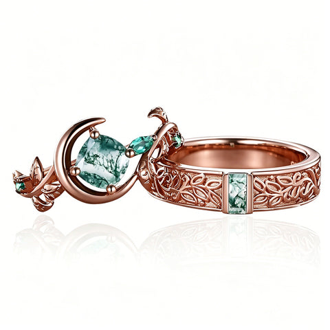 Sterling Silver 10K 14K 18K Gold Natural Leaf  Moss Agate Engagement Anniversary Couple Ring Sets