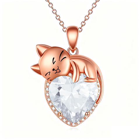 Sterling Silver Heart Birthstone Cat Pendant Necklace