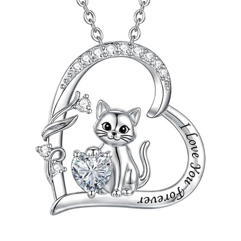 Sterling Silver Birthstone Cat Pendant Necklace Jewelry Christmas Birthday Gifts for Women