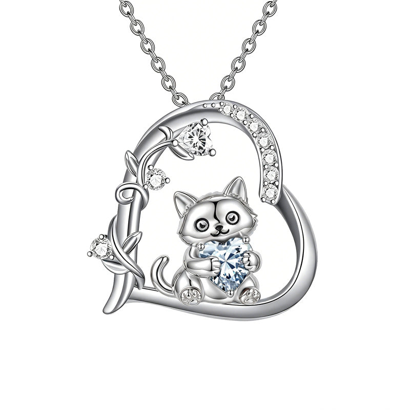 Sterling Silver Birthstone  Cat Pendant Necklace for Women