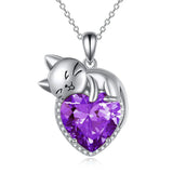 Sterling Silver Heart Birthstone Cat Pendant Necklace