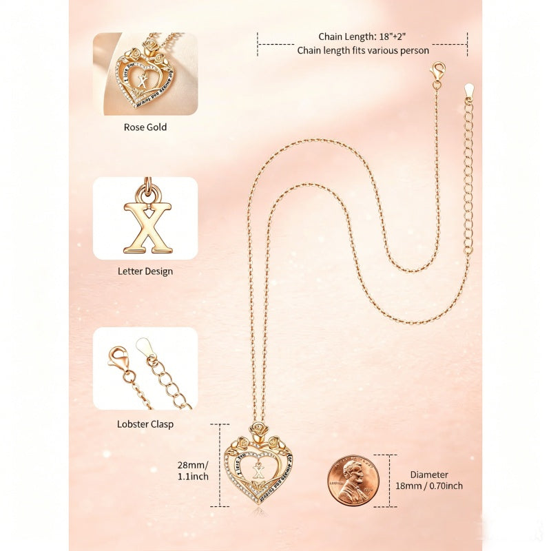 14K Gold Plated Rose Heart Initial Necklace Engraved with I Love You for Always and Forever  for Women