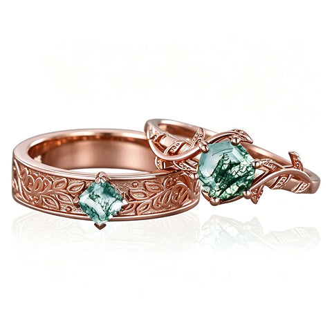 Sterling Silver 10K 14K 18K Gold Natural Leaf  Moss Agate Engagement Anniversary Couple Ring Sets