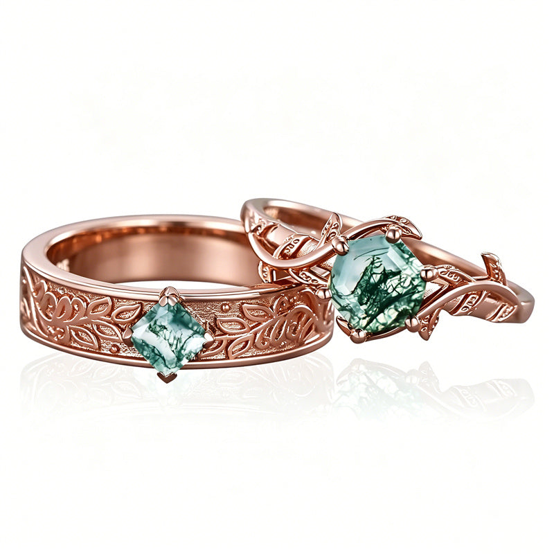 Sterling Silver 10K 14K 18K Gold Natural Leaf  Moss Agate Engagement Anniversary Couple Ring Sets