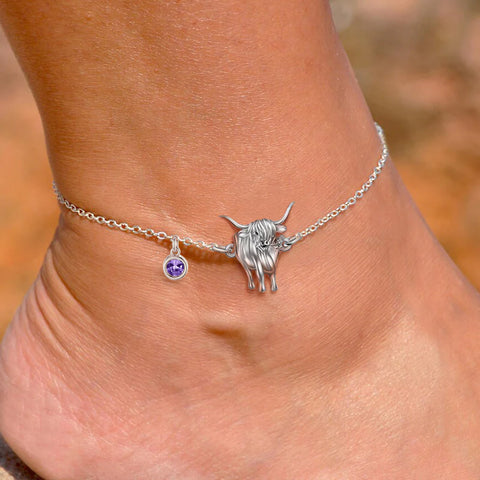 Sterling Silver Birthstone Highland Cow Single Layer Anklet