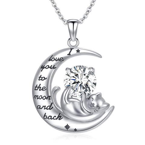 Silver Cat 12 Month Birthstone Pendant Necklace