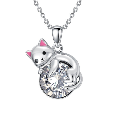 Sterling Silver Cubic Zirconia  Cat Pendant Necklace for Women