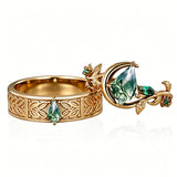 Sterling Silver 10K 14K 18K Gold Natural Leaf  Moss Agate Engagement Anniversary Couple Ring Sets