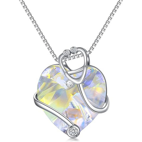 Sterling Silver Heart Crystal Stethoscope Pendant Necklace