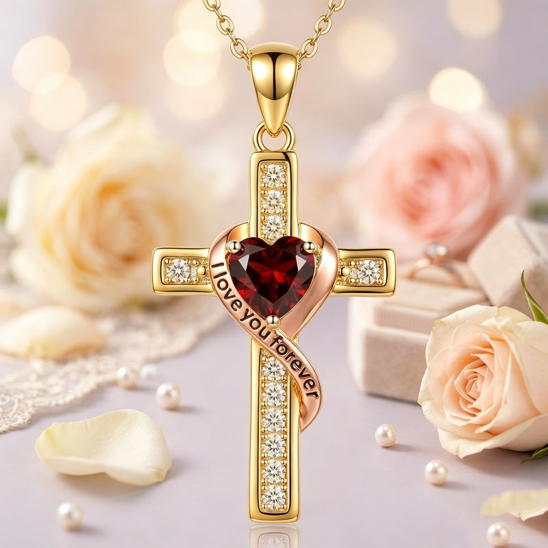 14K Gold Plated  Birthstone Cross Necklace Engraved I Love You Forever