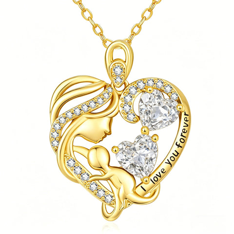 10K 14K 18K Gold Double Birthstone Heart Mother Son/Daughter Pendant Necklace for Mom