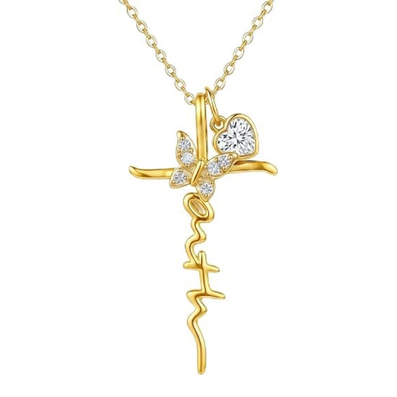 14K Gold Plated  Birthstone  Cross Butterfly Necklace for Women
