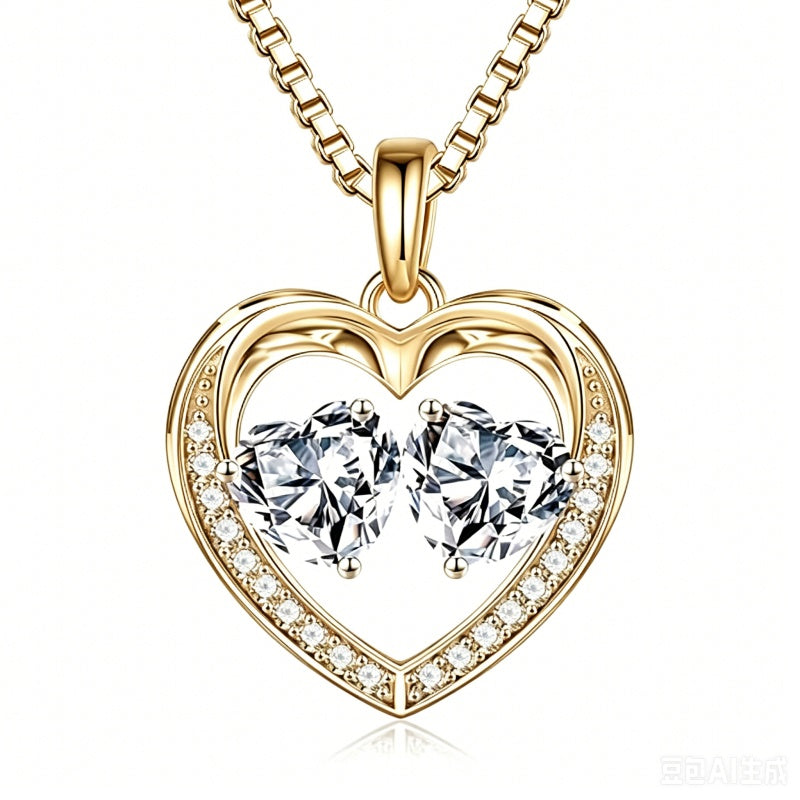 14K Gold Plated Double Heart Birthstone Necklace Anniversary Birthday Gifts for Women