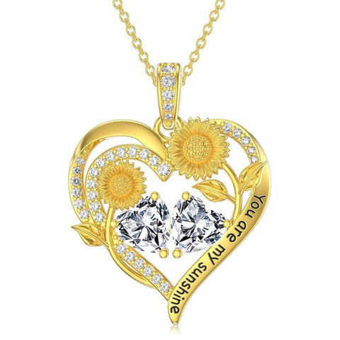 Double Birthstone Necklace 14K Gold Plated You Are My Sunshine Sunflower Necklace Heart Pendant Necklace