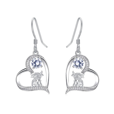 Sterling Silver Birthstone Highland Cow Dangle Earrings