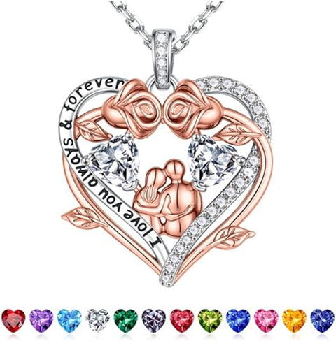 Sterling Silver Heart Birthstone Couple Hugging Necklace for Women Valentine's Day Gift