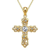 14K Gold Plated Round Cubic Zirconia Filigree Rose Cross Necklace for Women