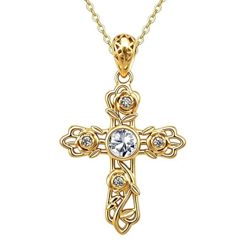 14K Gold Plated Round Cubic Zirconia Filigree Rose Cross Necklace for Women