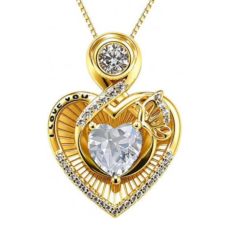 14K Gold Plated  Heart Birthstone Butterfly Necklace Engraved with  I Love You