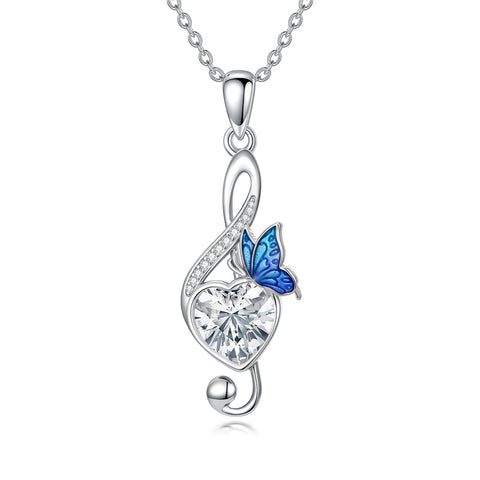 Sterling Silver Birthstone Music Note Butterfly Treble Clef Pendant Necklace